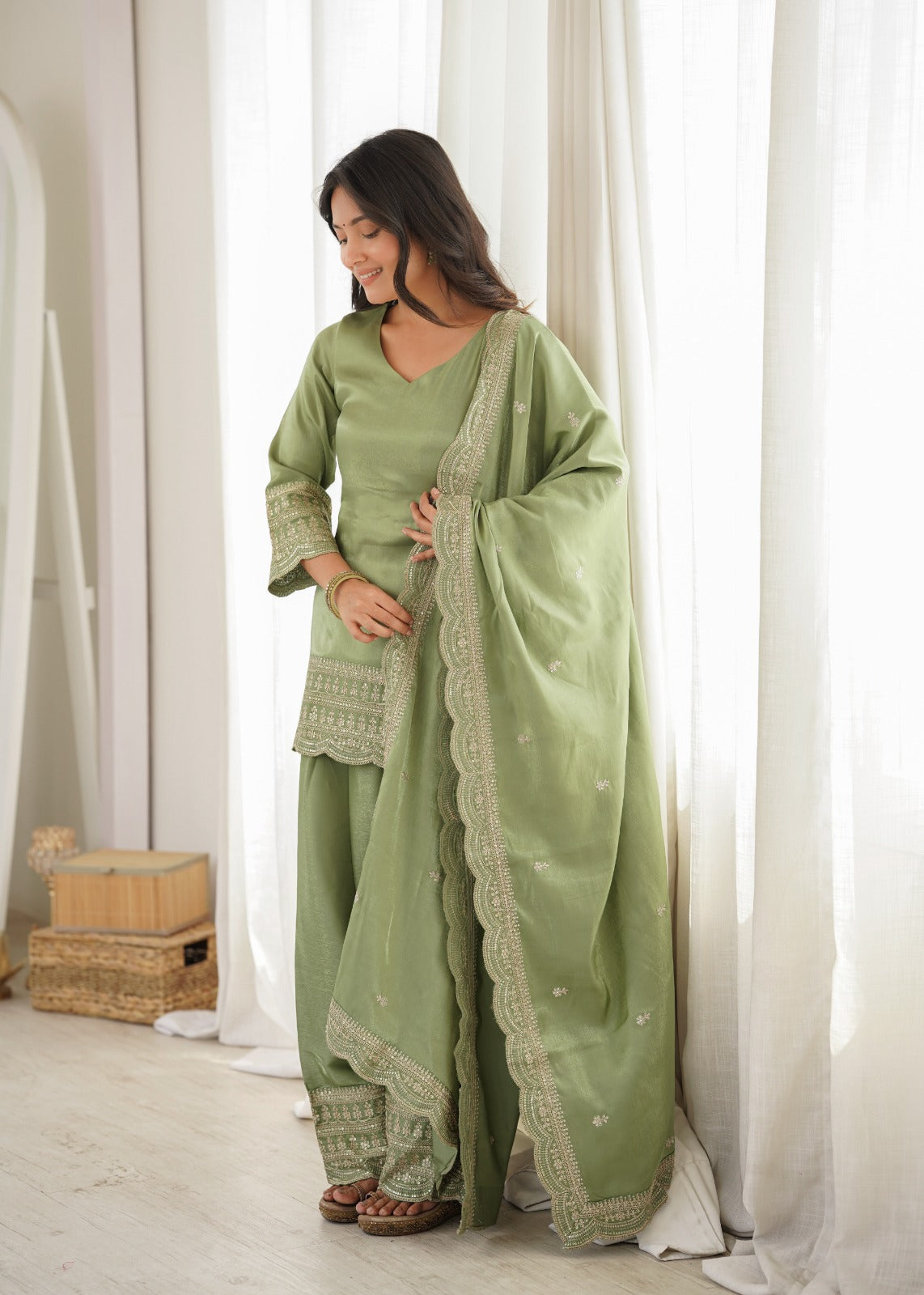 Pista Glass Roman Silk Embroidered Top with Farshi Shalwar – KB-304