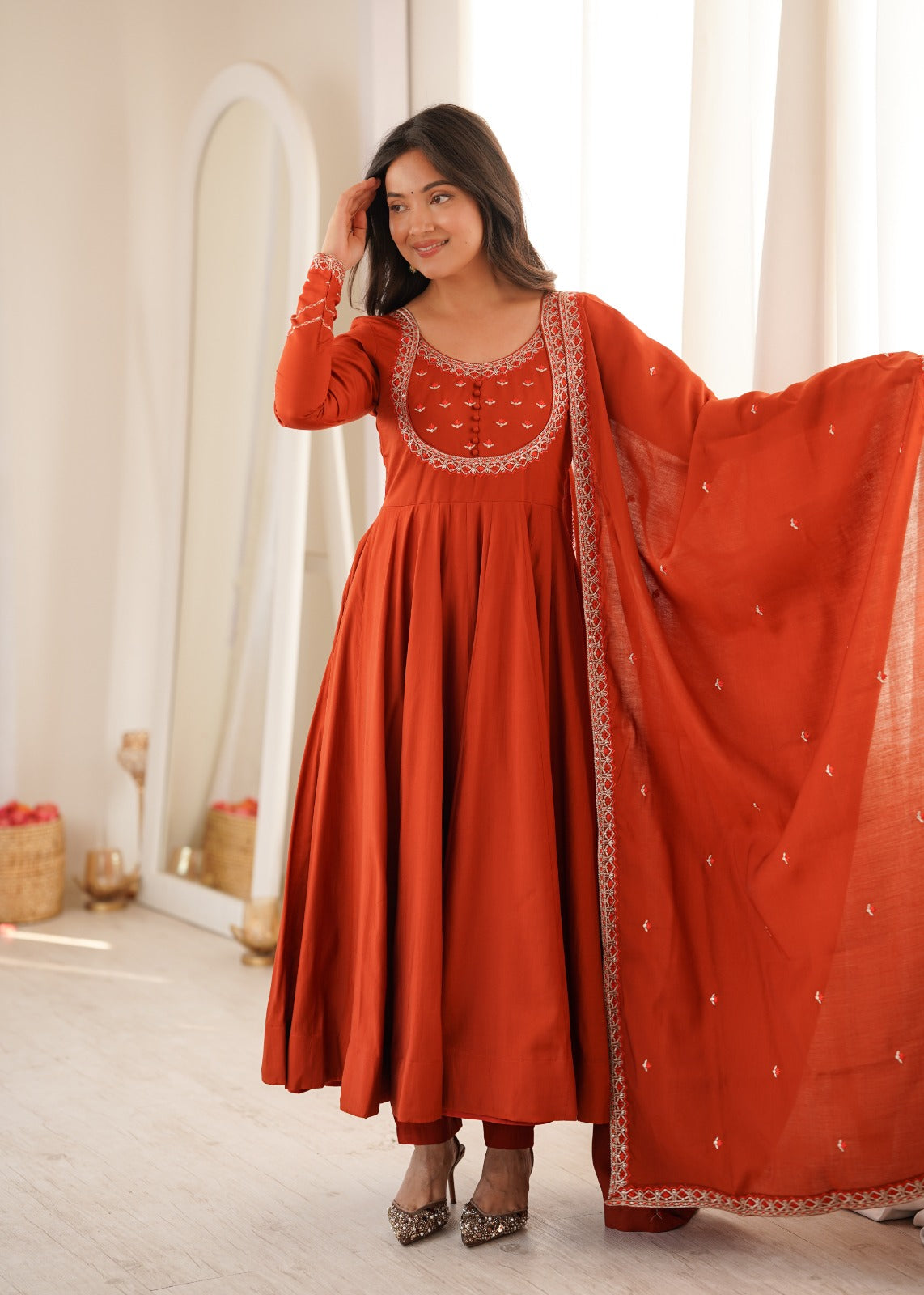 Rust Orange Roman Chanderi Silk Anarkali Gown Set – KB-312