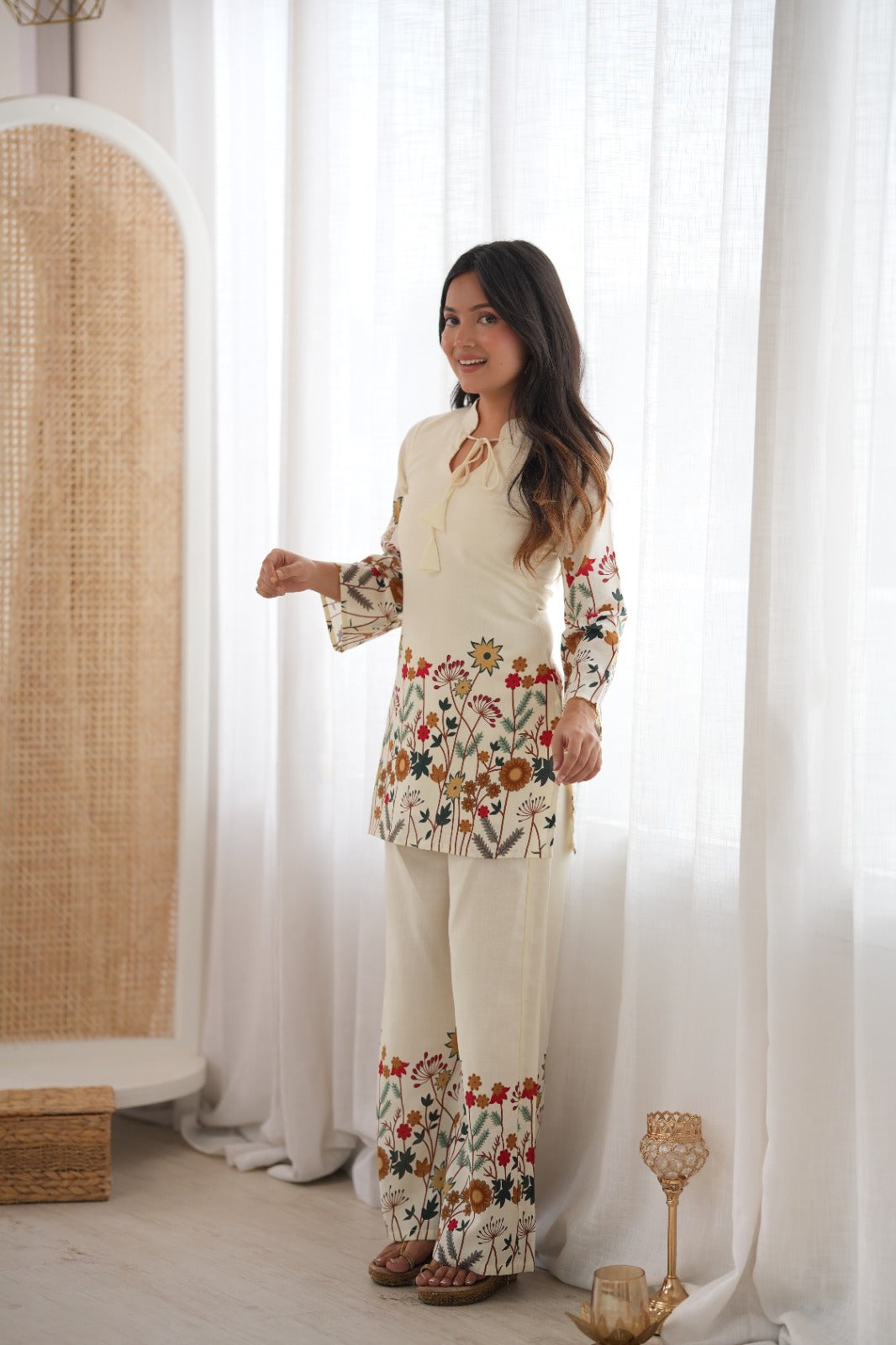 Cream Floral Printed Magic Slub Cotton Kurta Pant Set – KB-314