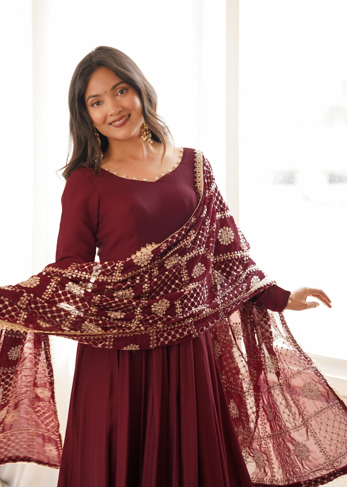 Maroon Pure Chanderi Silk 16 Kali Anarkali Gown Set – KB-313
