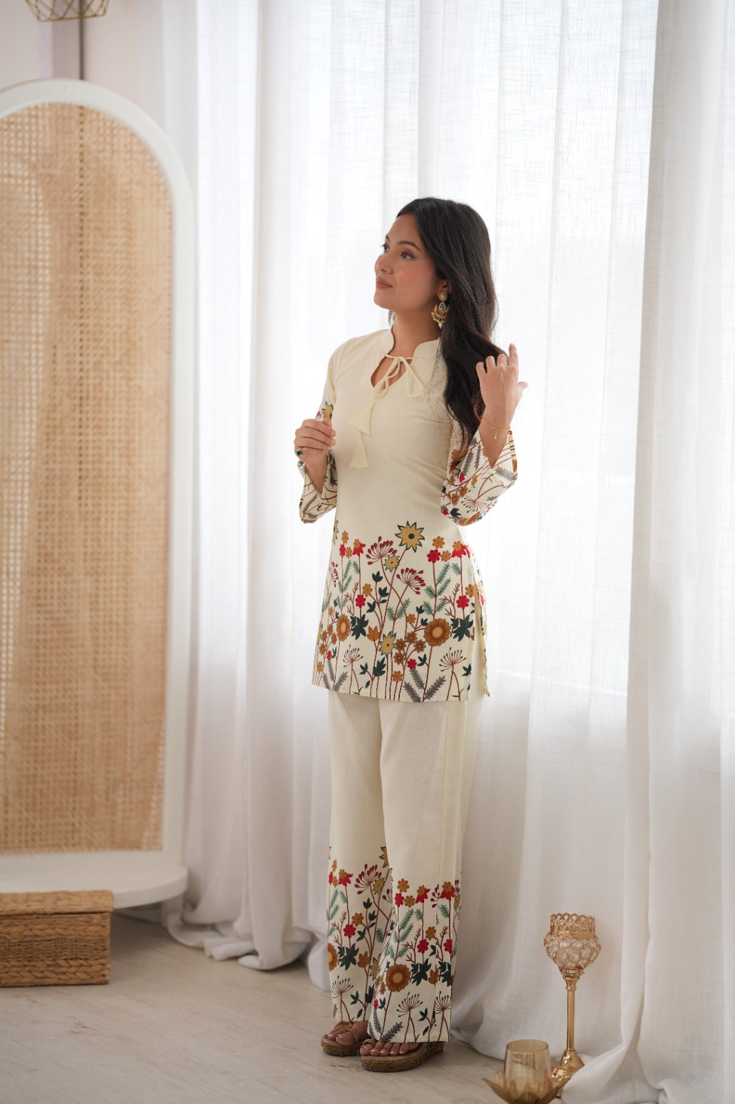 Cream Floral Printed Magic Slub Cotton Kurta Pant Set – KB-314