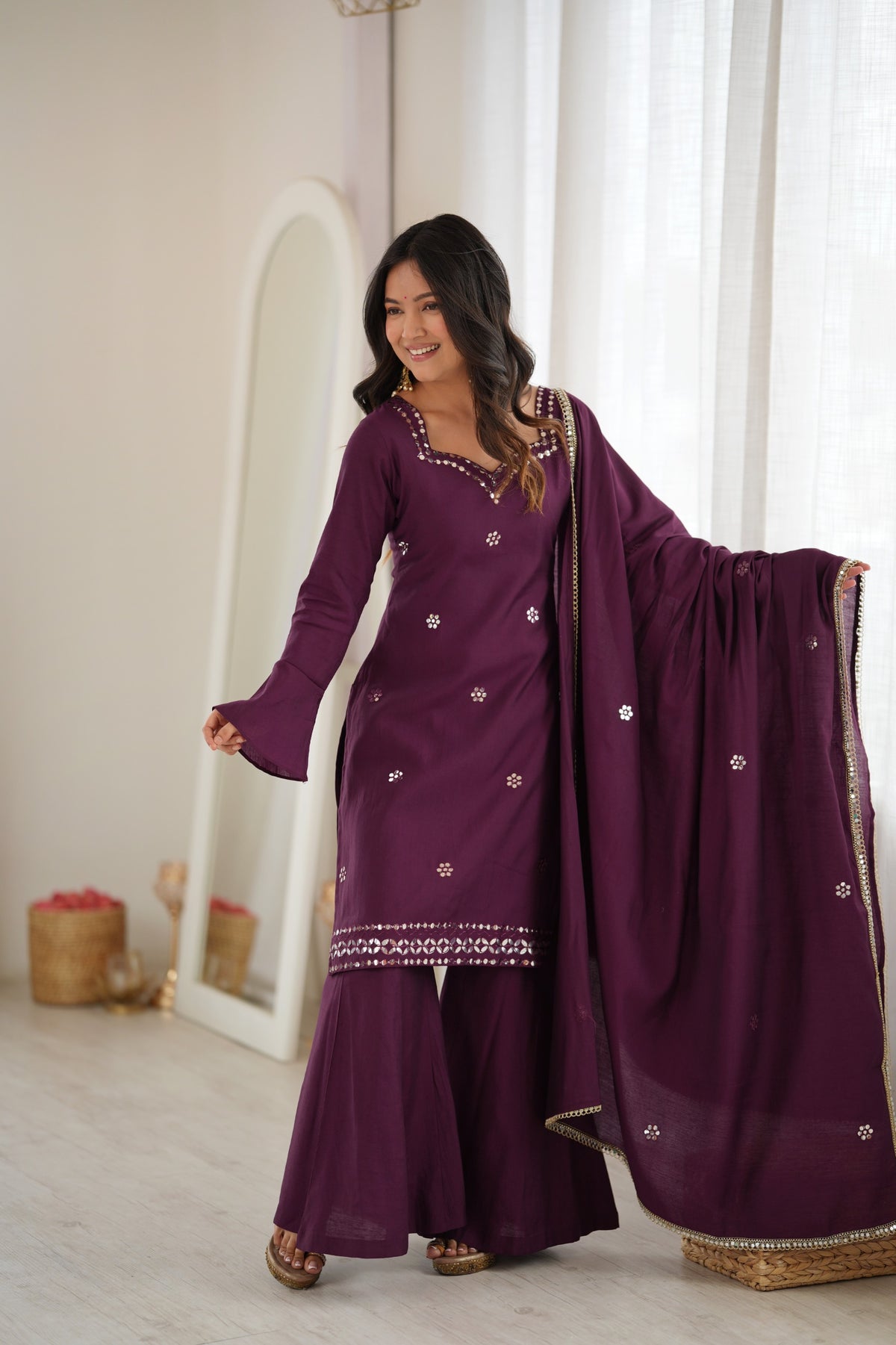 Wine Roman Silk Foil Work Palazzo Suit Set – SGF-69  Description
