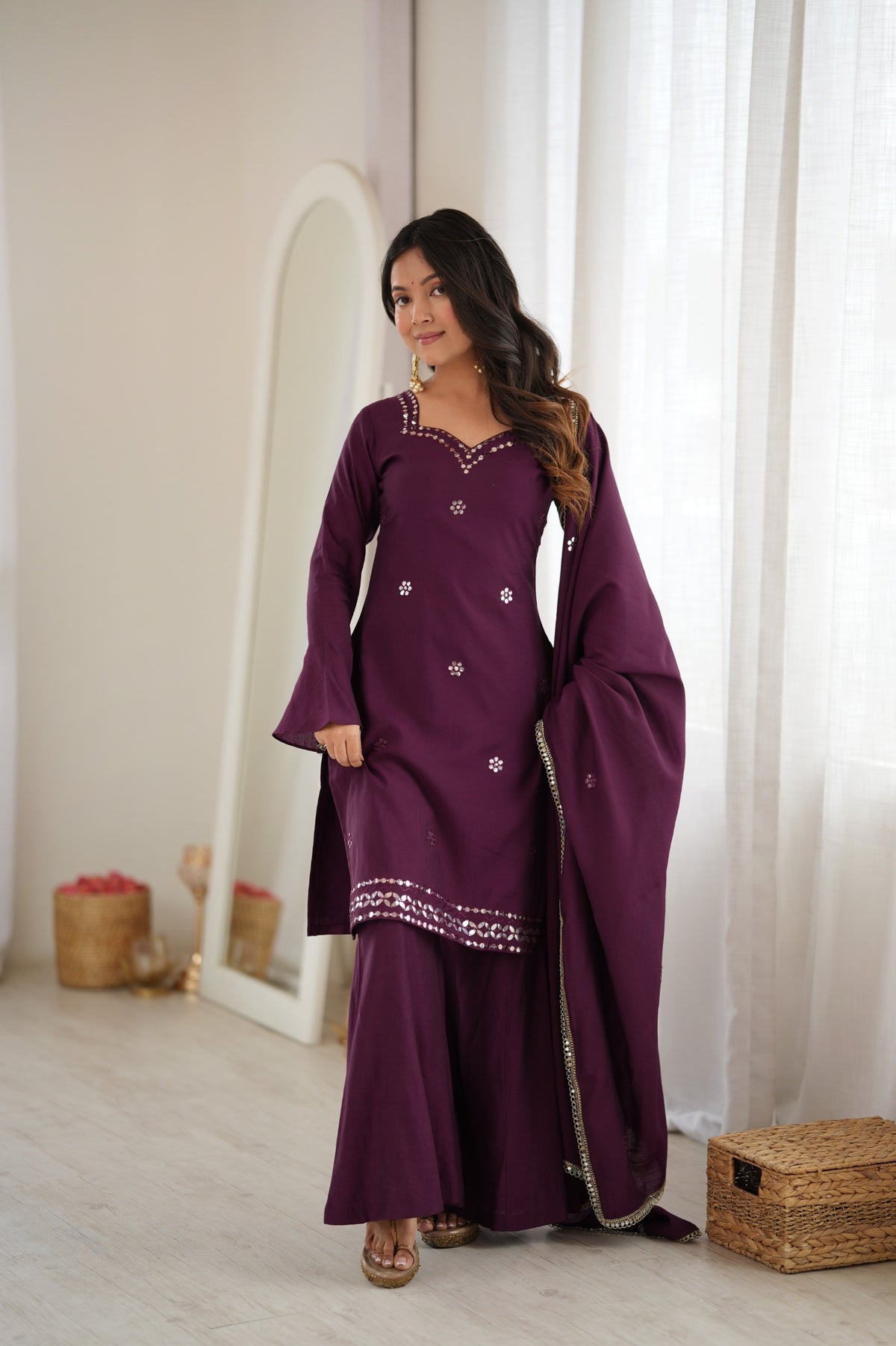 Wine Roman Silk Foil Work Palazzo Suit Set – SGF-69  Description