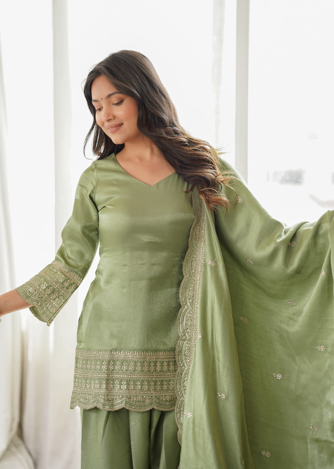 Pista Glass Roman Silk Embroidered Top with Farshi Shalwar – KB-304