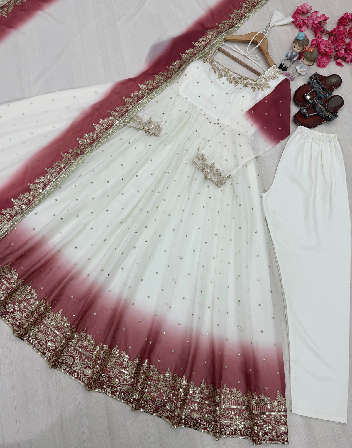Dual Tone Peding Star Georgette Embroidered Gown Set – PD1175