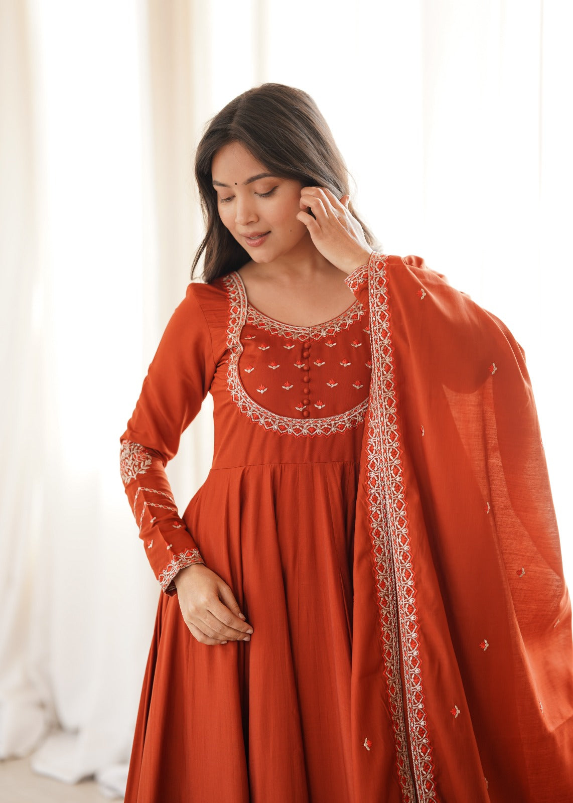 Rust Orange Roman Chanderi Silk Anarkali Gown Set – KB-312