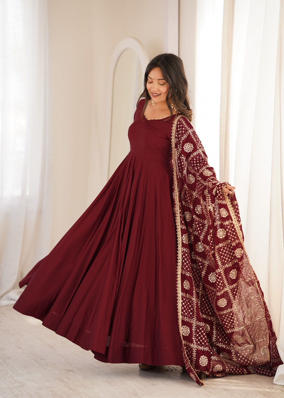 Maroon Pure Chanderi Silk 16 Kali Anarkali Gown Set – KB-313