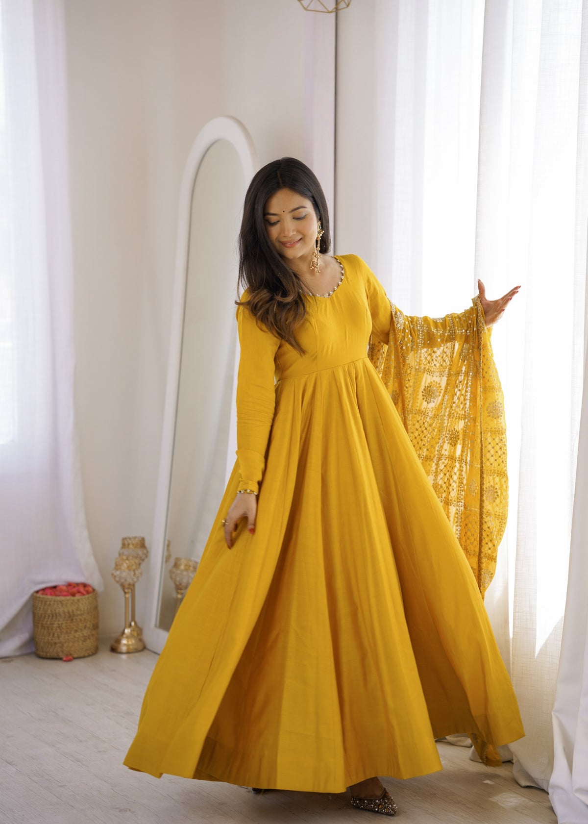 Yellow Pure Chanderi Silk Anarkali Gown Set – KB-313