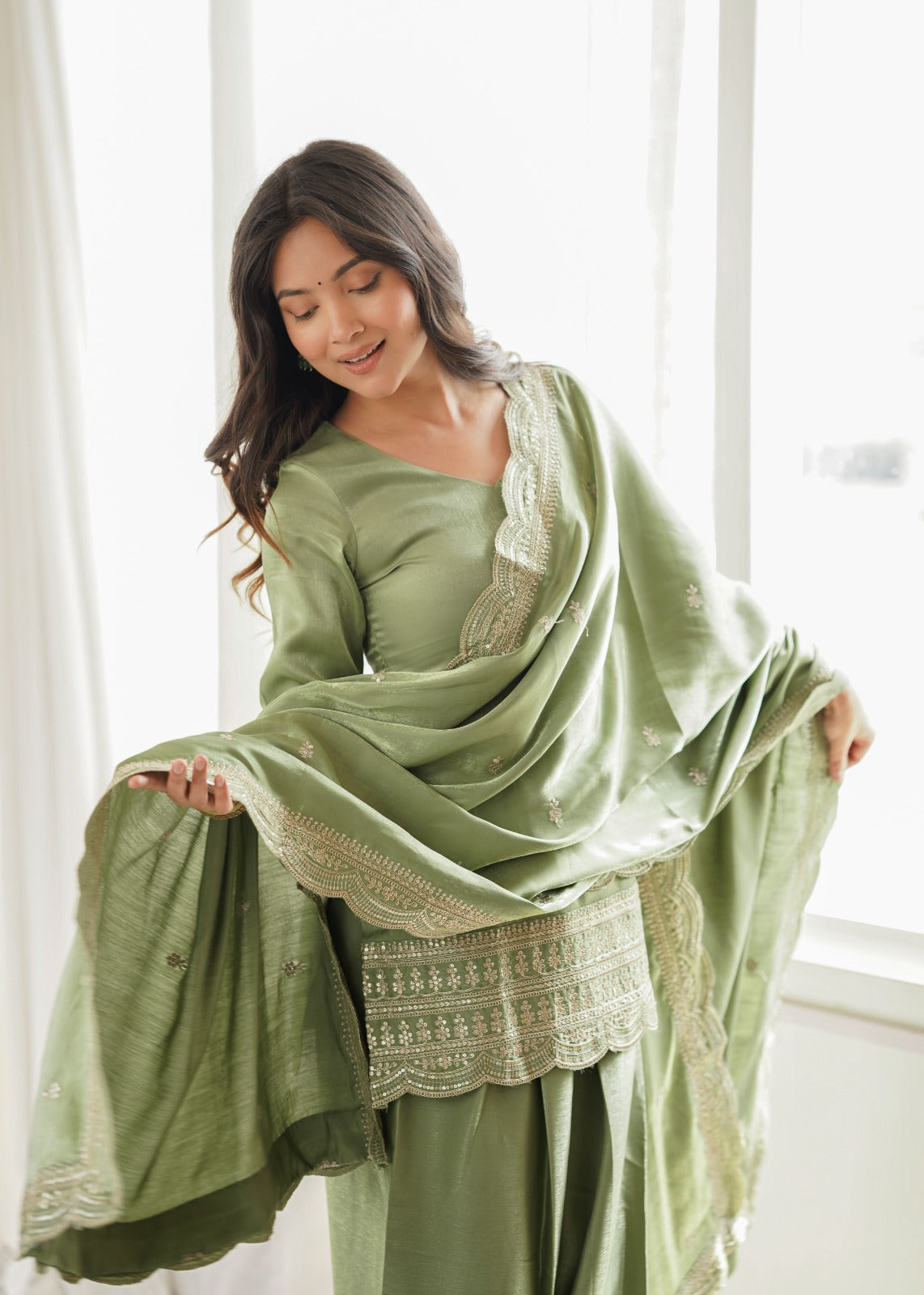 Pista Glass Roman Silk Embroidered Top with Farshi Shalwar – KB-304