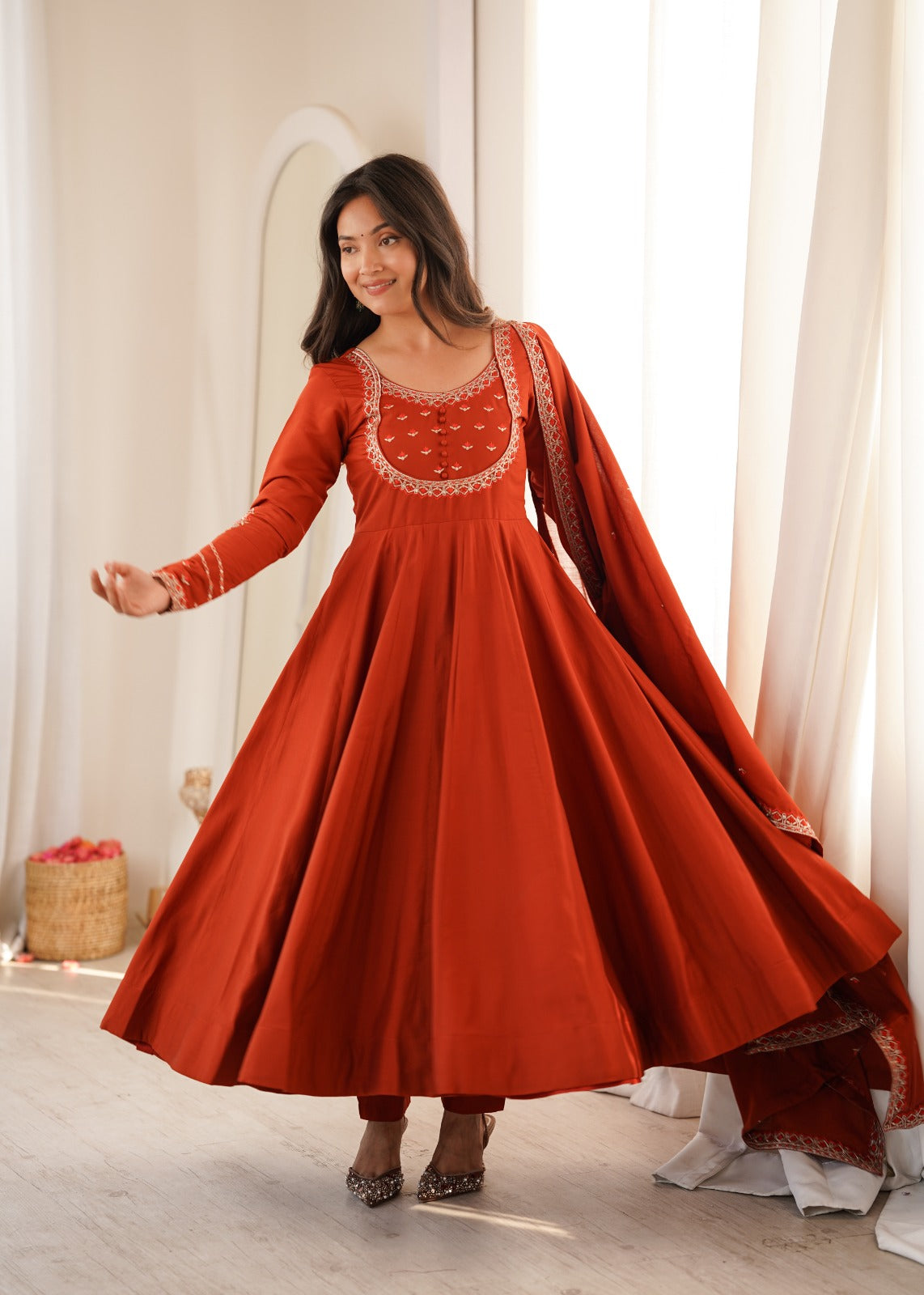 Rust Orange Roman Chanderi Silk Anarkali Gown Set – KB-312
