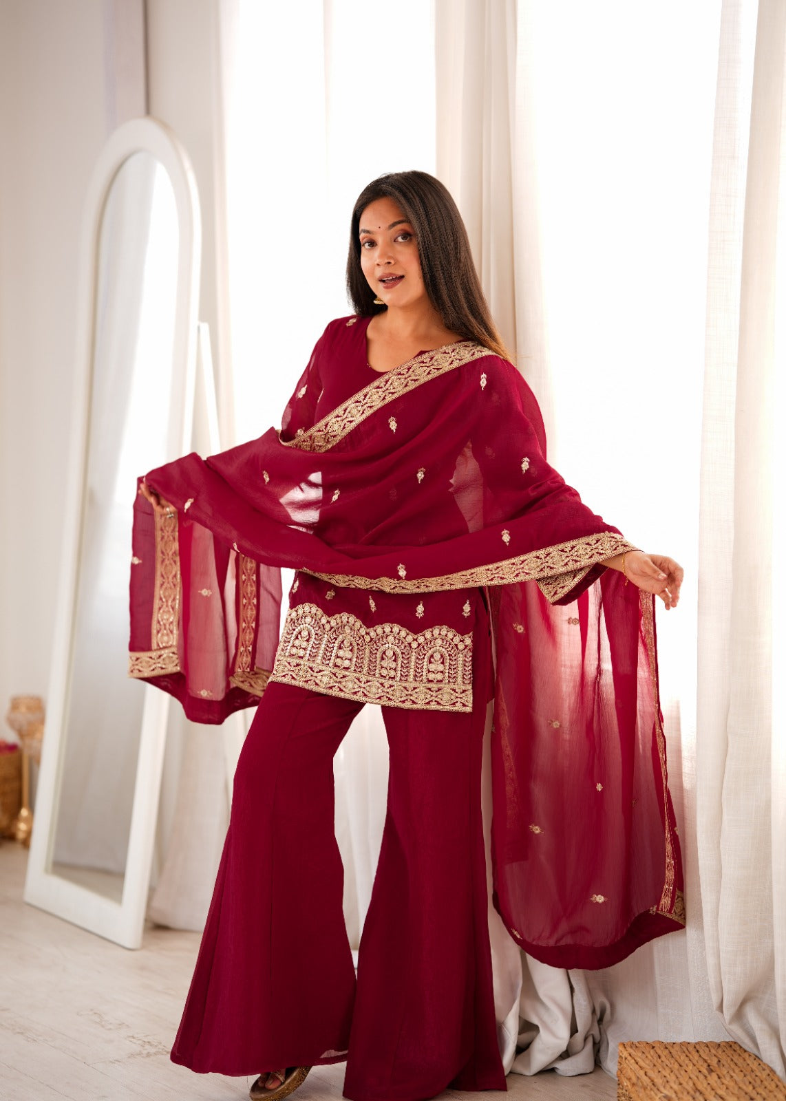 Maroon Crunchy Silk Embroidered Kurta Set