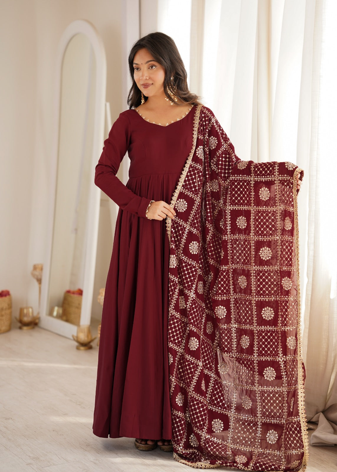Maroon Pure Chanderi Silk 16 Kali Anarkali Gown Set – KB-313