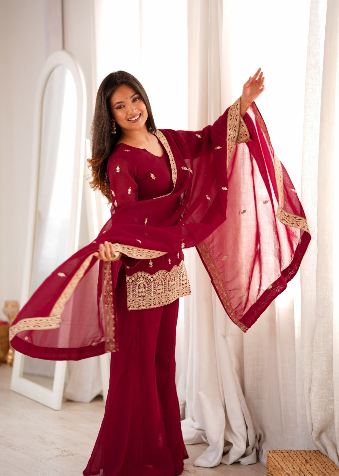 Maroon Crunchy Silk Embroidered Kurta Set