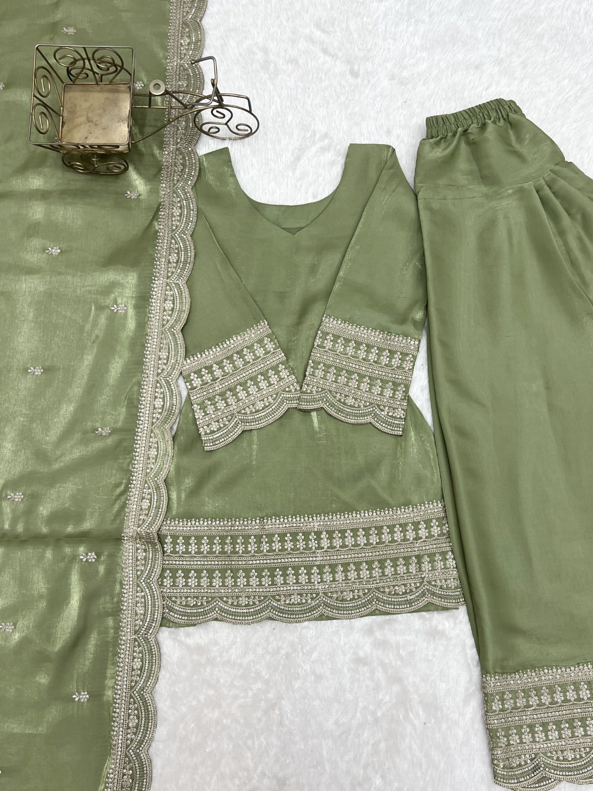 Pista Glass Roman Silk Embroidered Top with Farshi Shalwar – KB-304