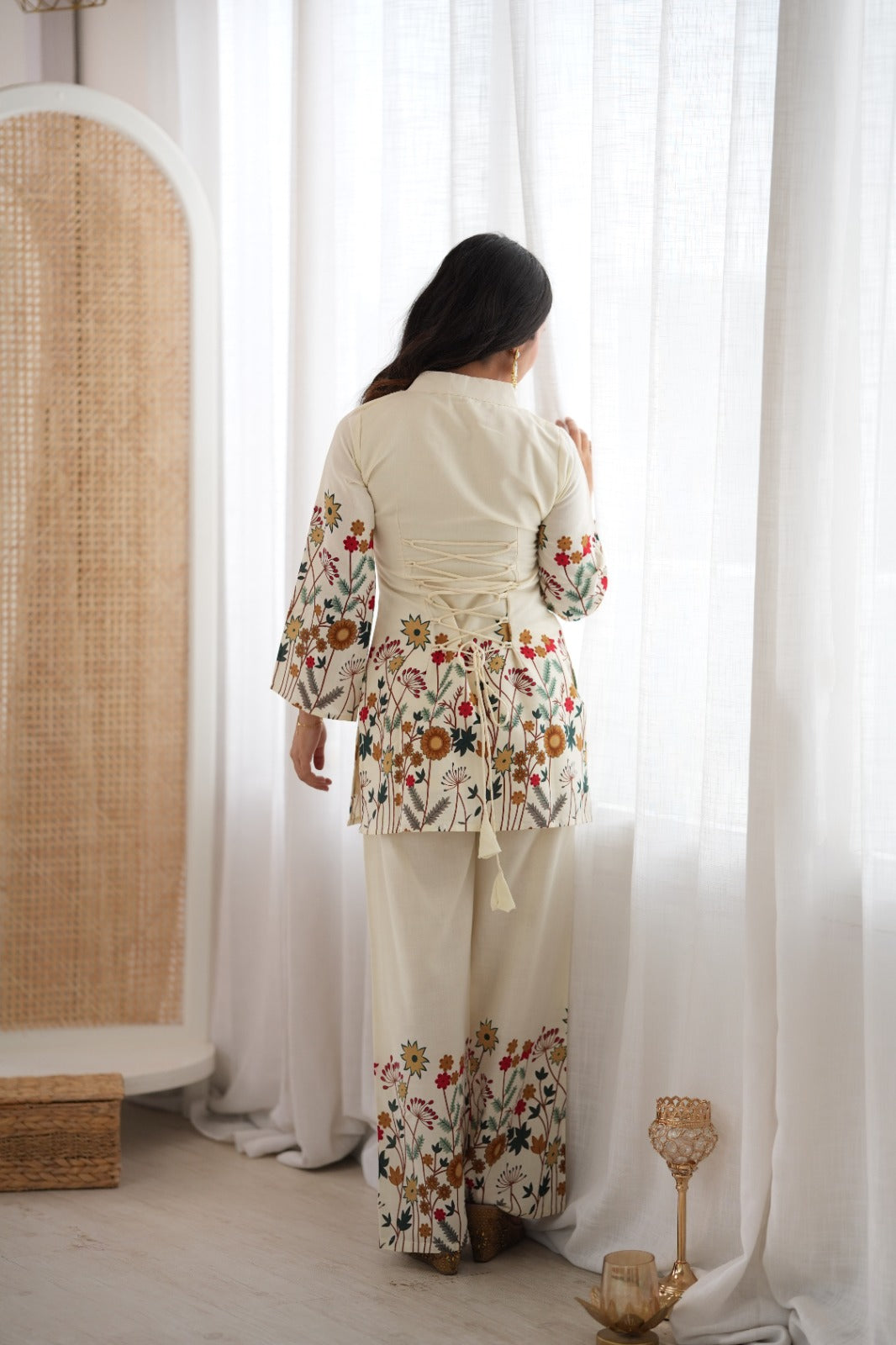 Cream Floral Printed Magic Slub Cotton Kurta Pant Set – KB-314