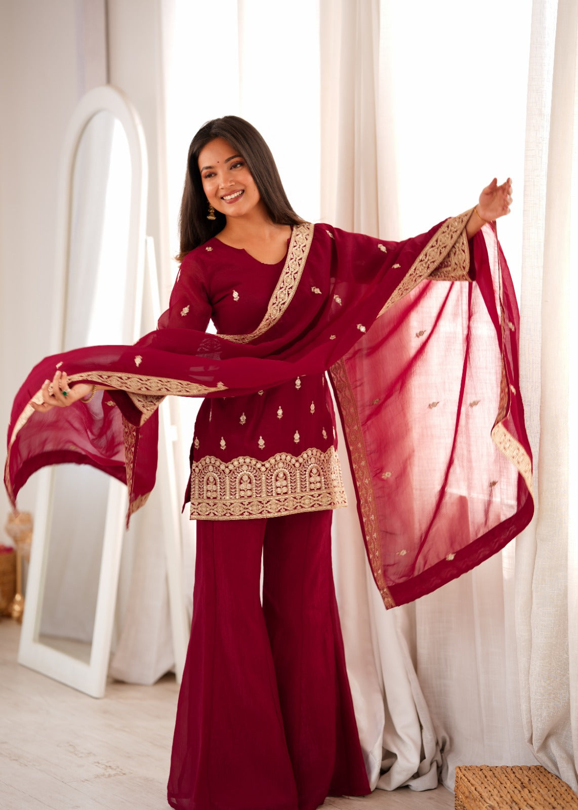 Maroon Crunchy Silk Embroidered Kurta Set