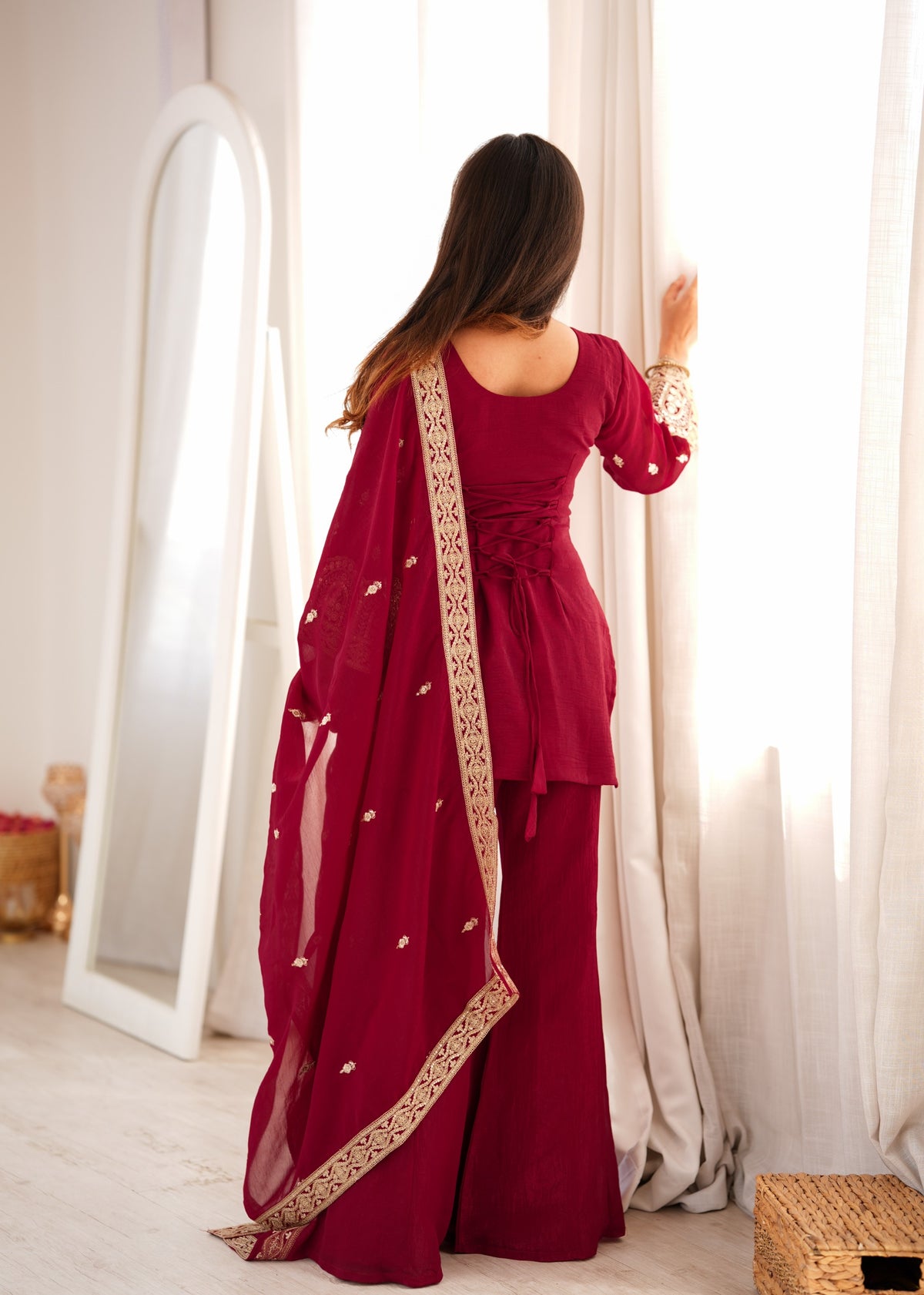 Maroon Crunchy Silk Embroidered Kurta Set