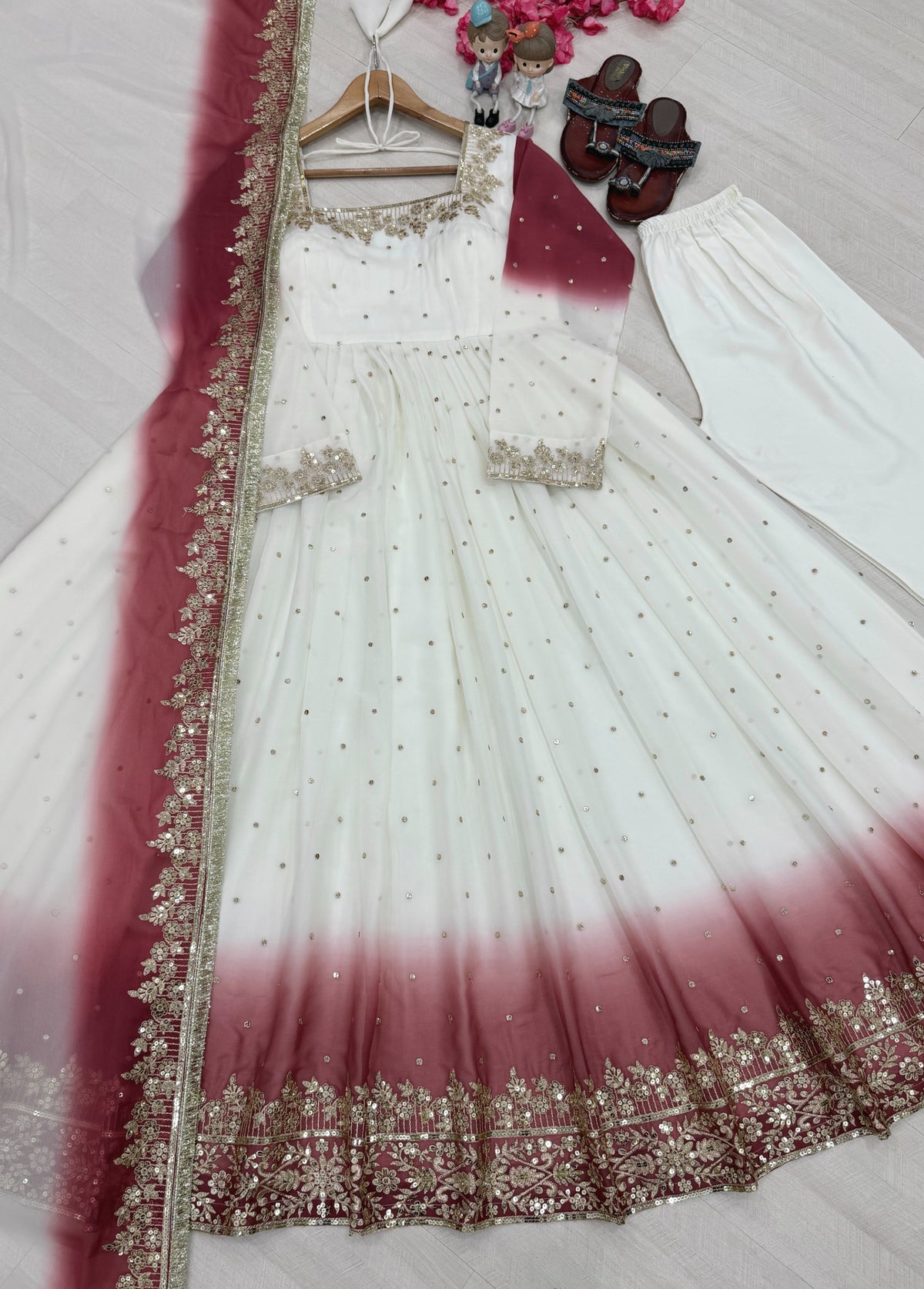 Dual Tone Peding Star Georgette Embroidered Gown Set – PD1175