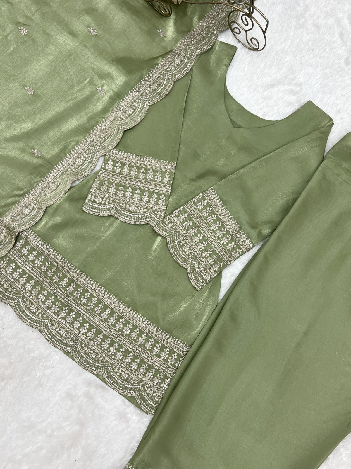 Pista Glass Roman Silk Embroidered Top with Farshi Shalwar – KB-304