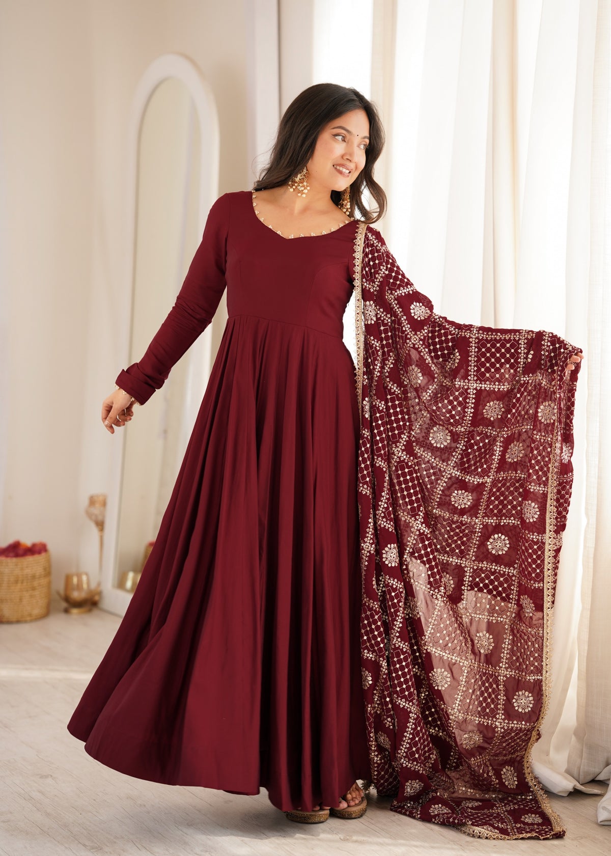 Maroon Pure Chanderi Silk 16 Kali Anarkali Gown Set – KB-313