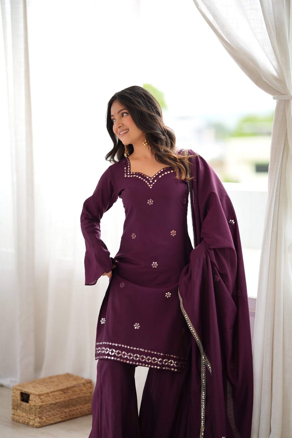 Wine Roman Silk Foil Work Palazzo Suit Set – SGF-69  Description