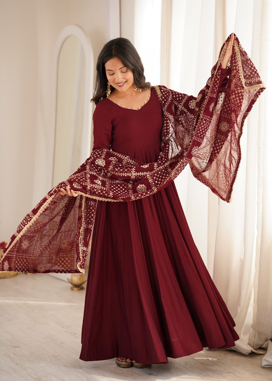 Maroon Pure Chanderi Silk 16 Kali Anarkali Gown Set – KB-313