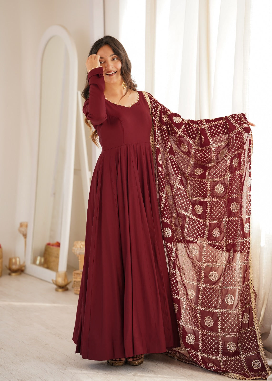Maroon Pure Chanderi Silk 16 Kali Anarkali Gown Set – KB-313