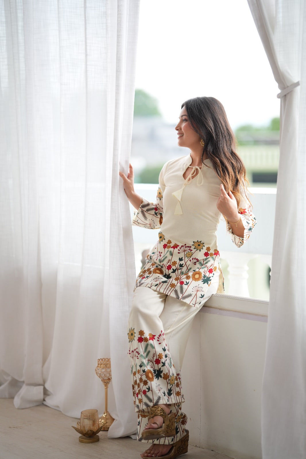 Cream Floral Printed Magic Slub Cotton Kurta Pant Set – KB-314