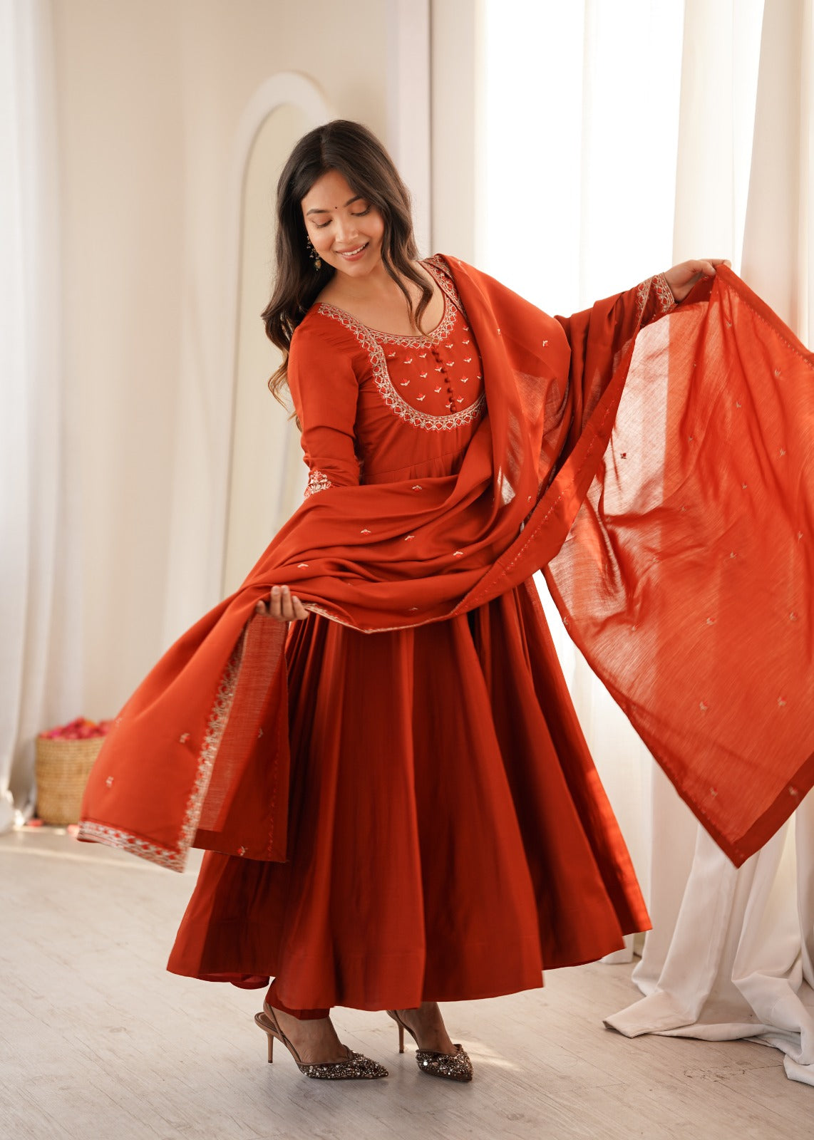 Rust Orange Roman Chanderi Silk Anarkali Gown Set – KB-312