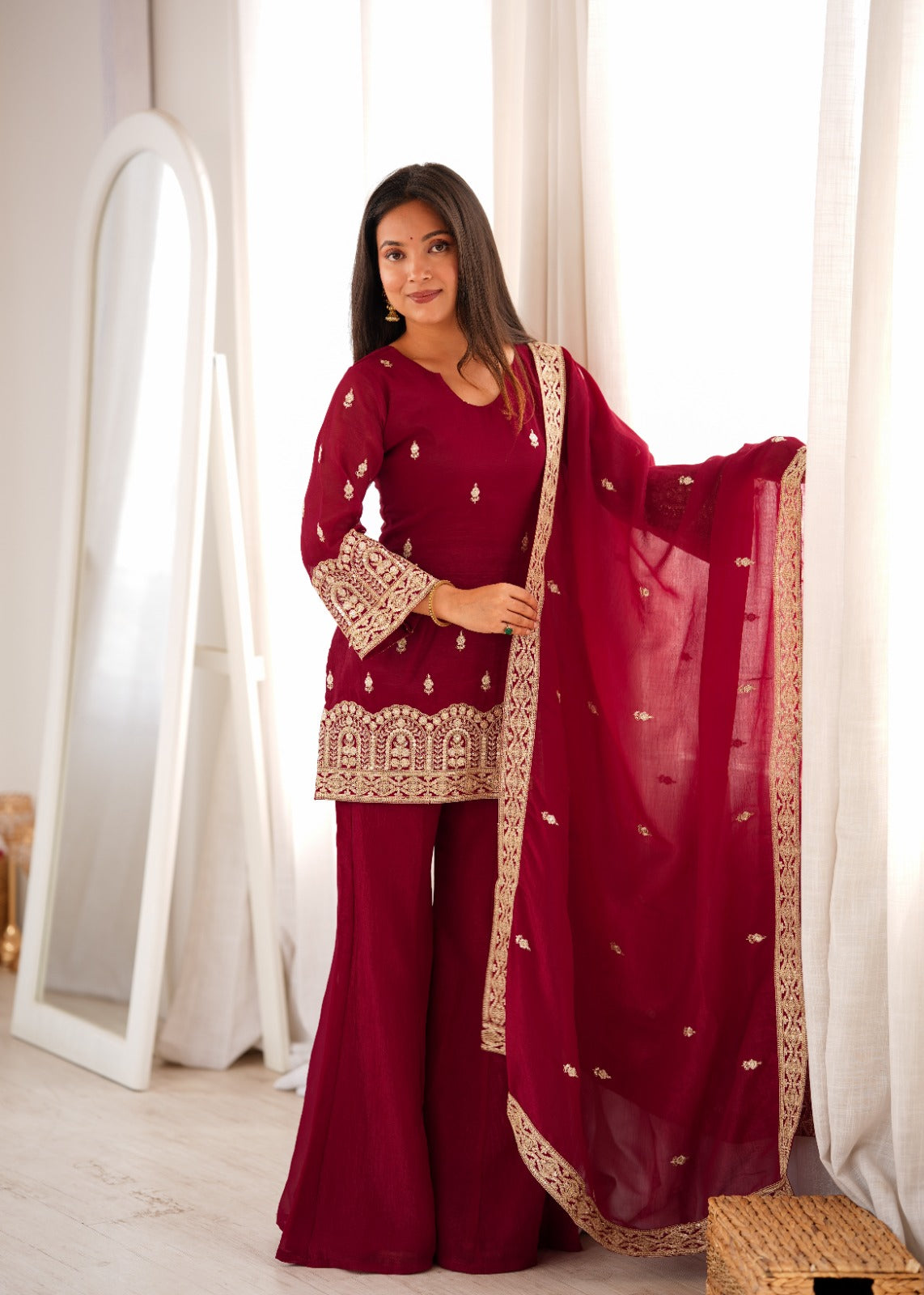 Maroon Crunchy Silk Embroidered Kurta Set