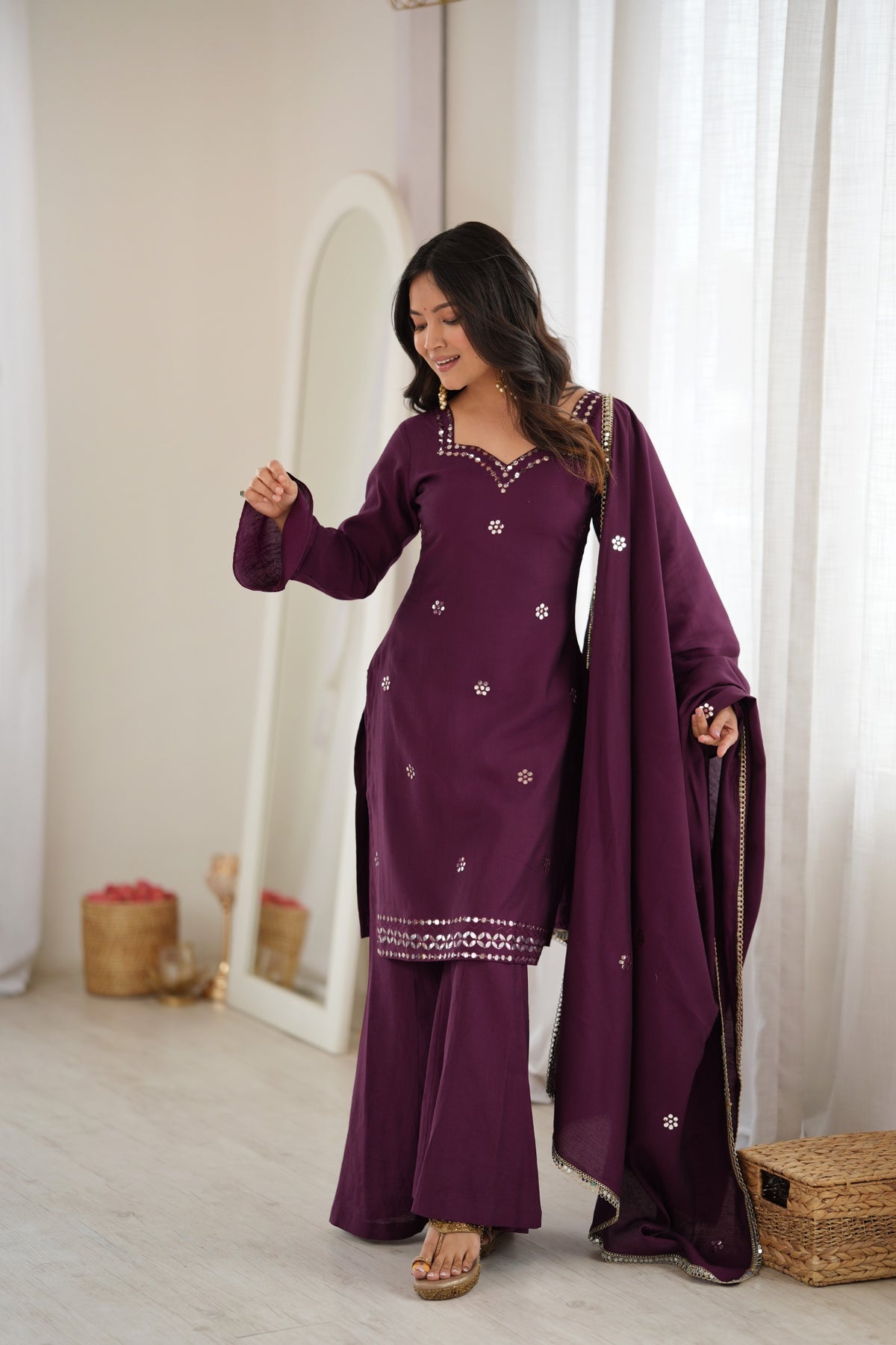 Wine Roman Silk Foil Work Palazzo Suit Set – SGF-69  Description