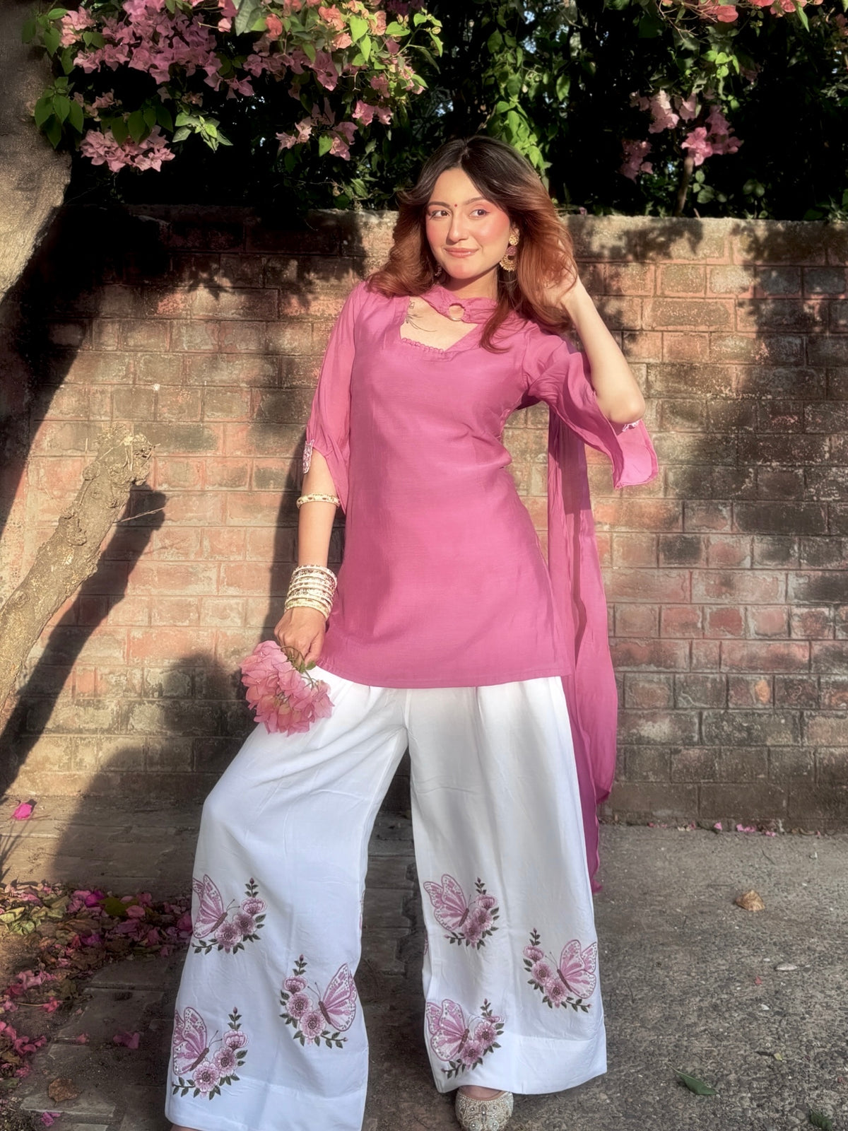 Women Designer Party Wear Pure Roman Silk Top, Palazzo & Dupatta Set