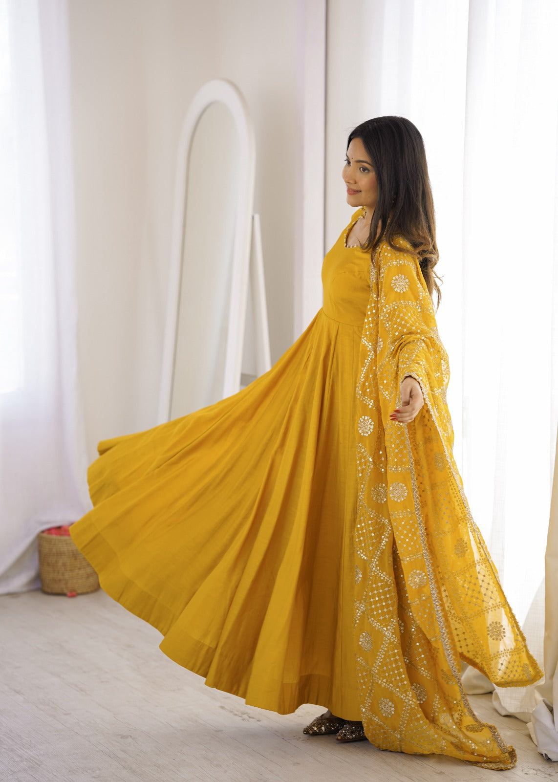 Yellow Pure Chanderi Silk Anarkali Gown Set – KB-313