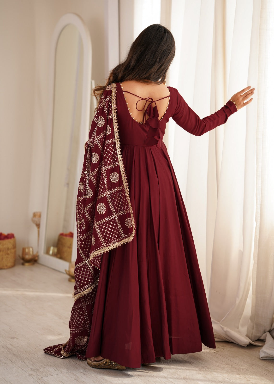 Maroon Pure Chanderi Silk 16 Kali Anarkali Gown Set – KB-313