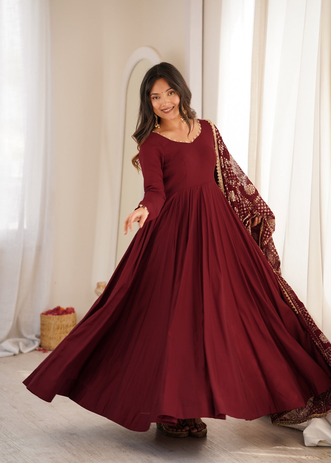 Maroon Pure Chanderi Silk 16 Kali Anarkali Gown Set – KB-313