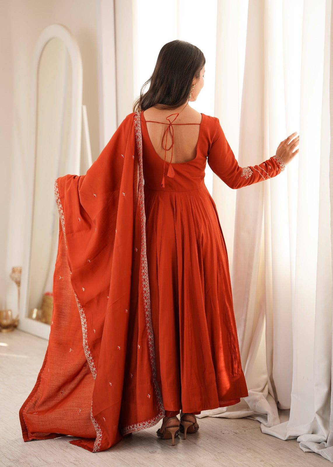 Rust Orange Roman Chanderi Silk Anarkali Gown Set – KB-312