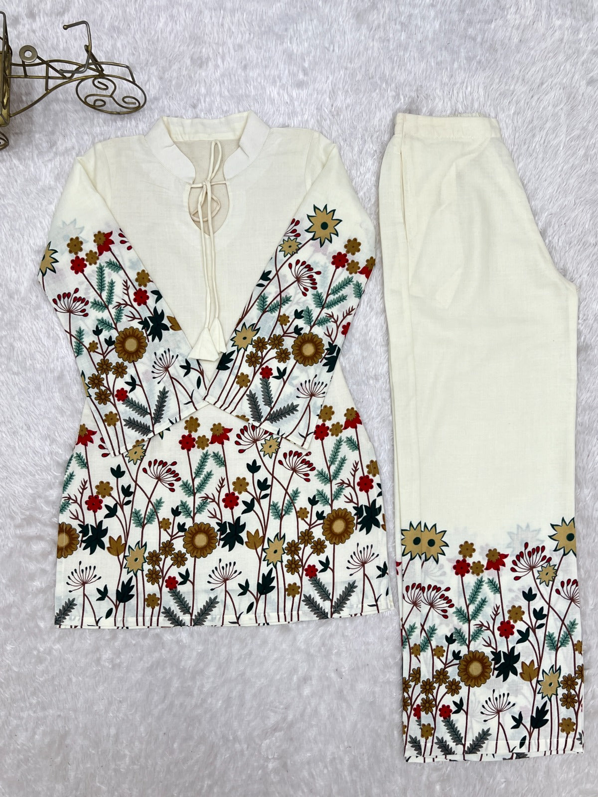 Cream Floral Printed Magic Slub Cotton Kurta Pant Set – KB-314