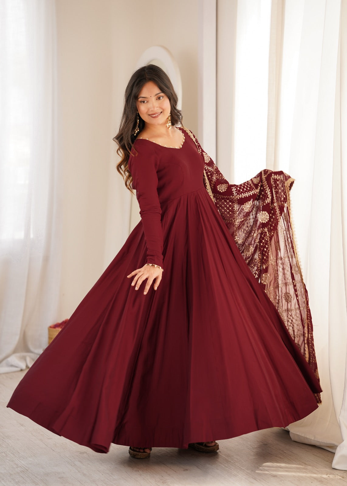 Maroon Pure Chanderi Silk 16 Kali Anarkali Gown Set – KB-313