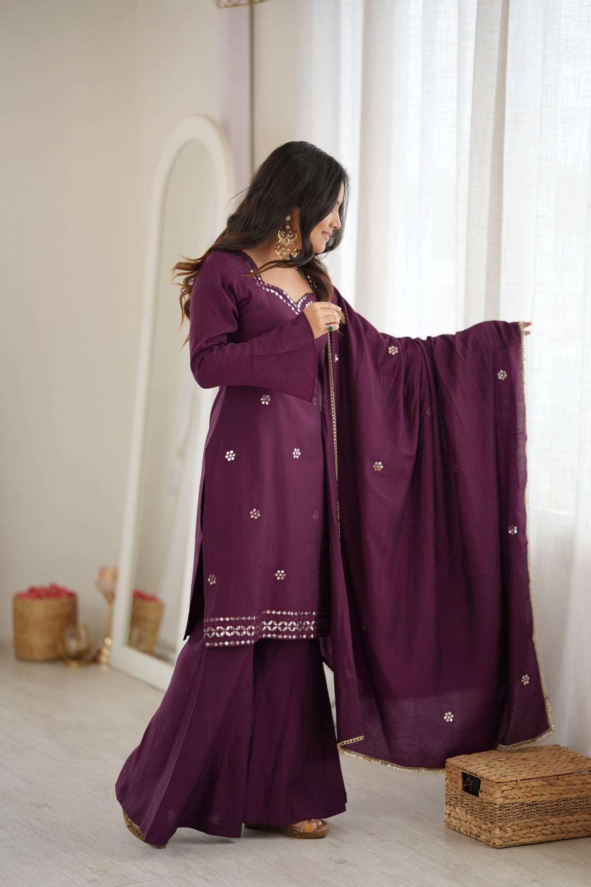 Wine Roman Silk Foil Work Palazzo Suit Set – SGF-69  Description