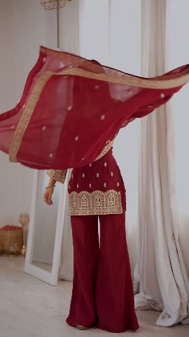 Maroon Crunchy Silk Embroidered Kurta Set