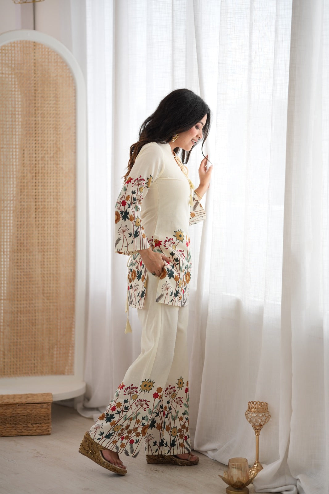 Cream Floral Printed Magic Slub Cotton Kurta Pant Set – KB-314