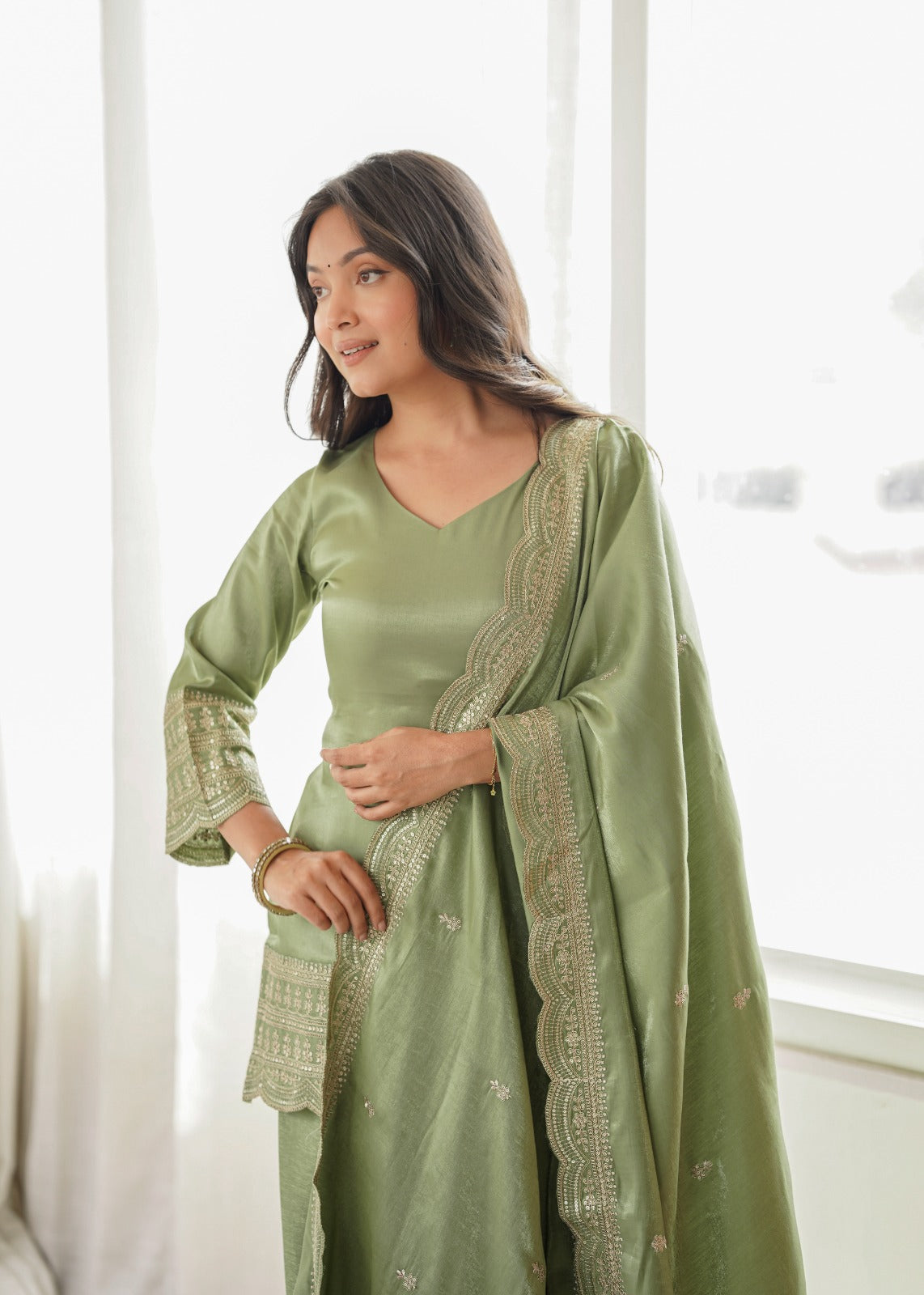 Pista Glass Roman Silk Embroidered Top with Farshi Shalwar – KB-304