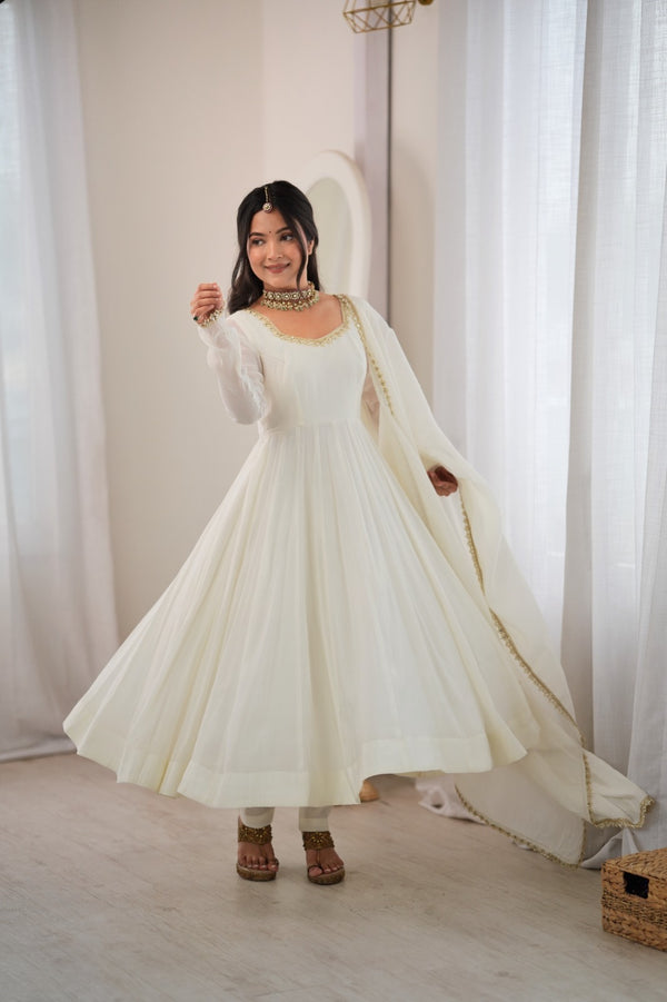 Women kurti Pure Mal Chanderi Fully Flare Anarkali Suit Set