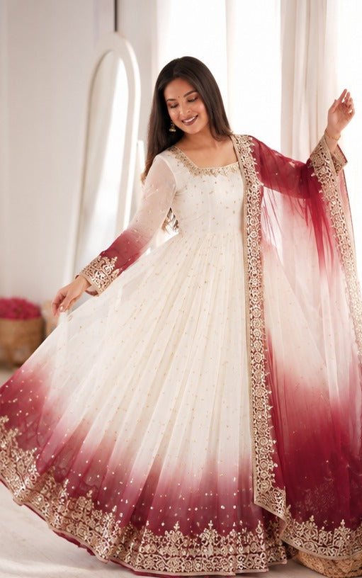 Dual Tone Peding Star Georgette Embroidered Gown Set – PD1175