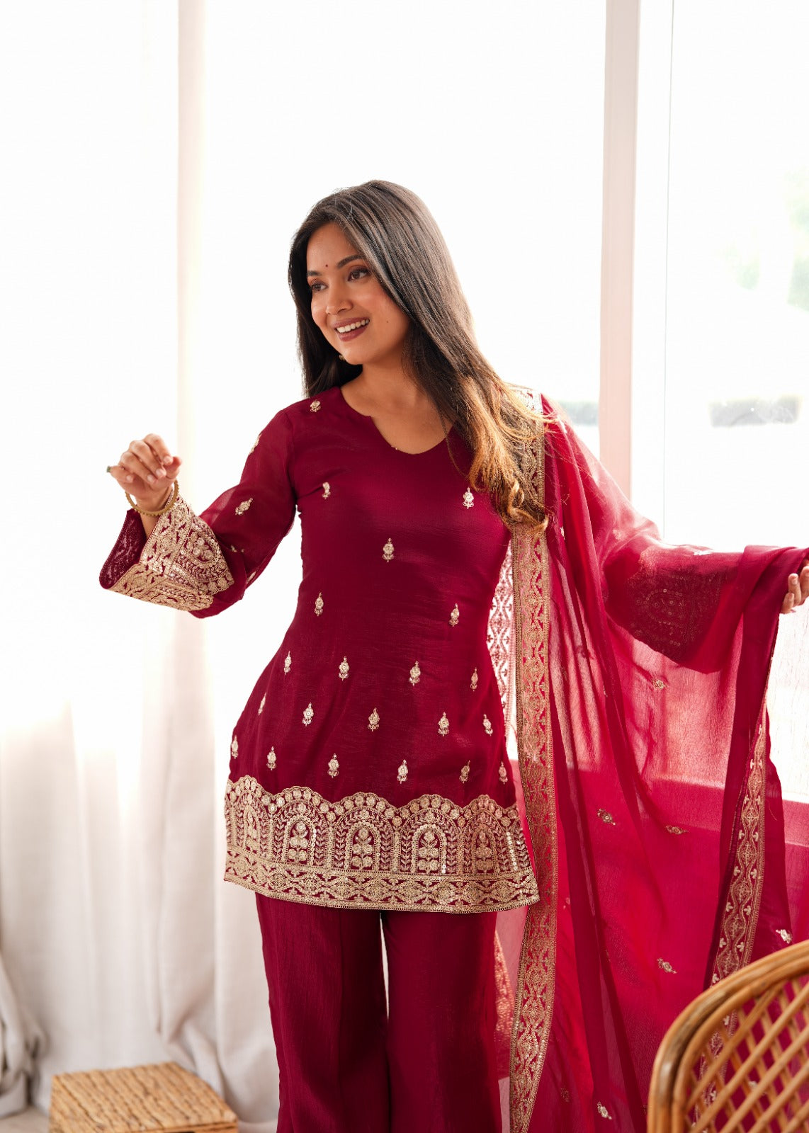 Maroon Crunchy Silk Embroidered Kurta Set