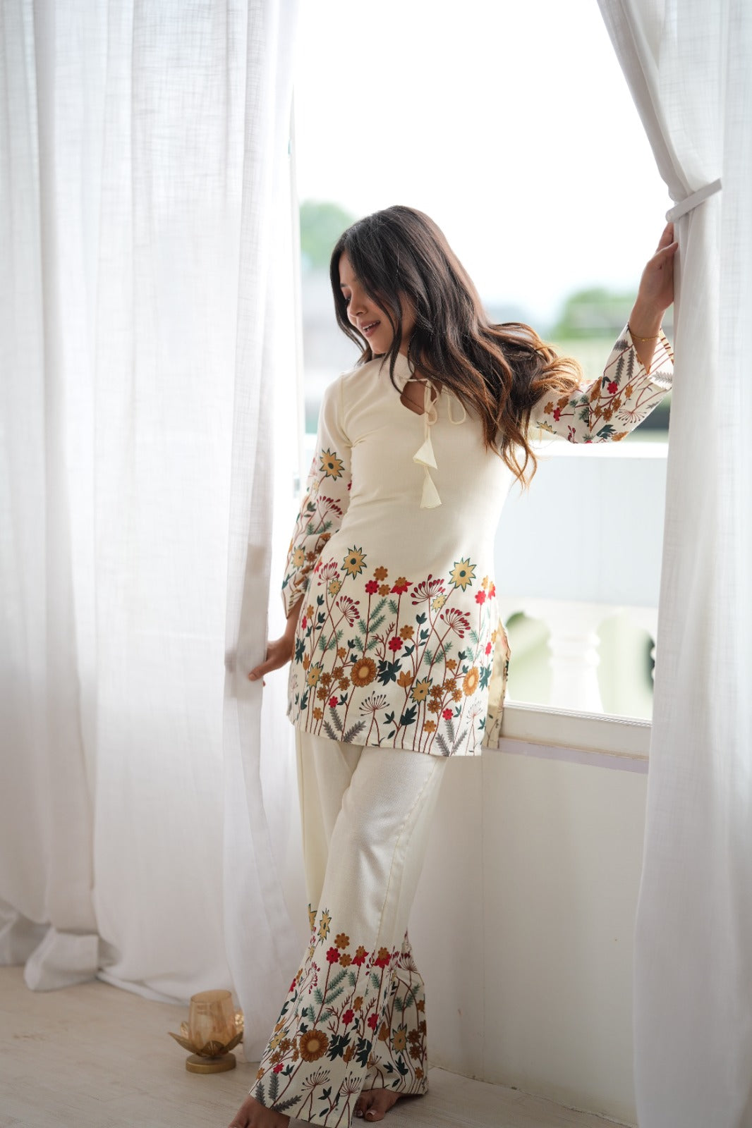 Cream Floral Printed Magic Slub Cotton Kurta Pant Set – KB-314