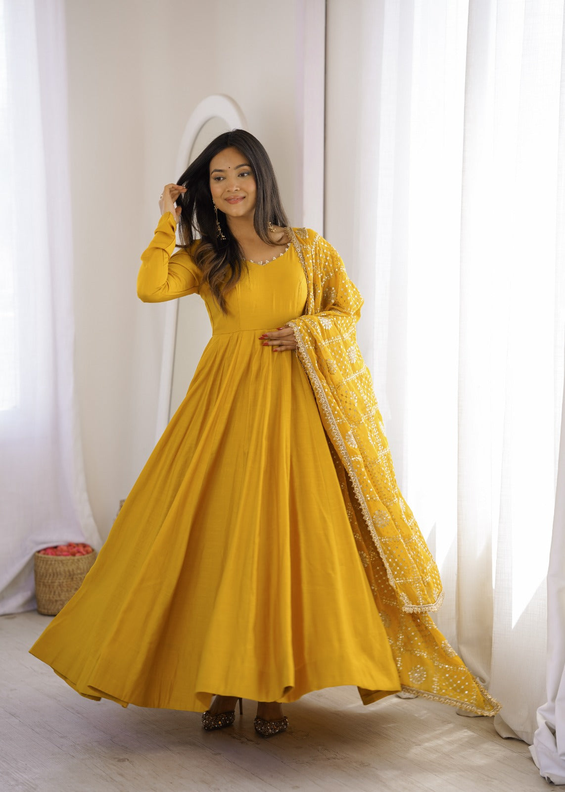 Yellow Pure Chanderi Silk Anarkali Gown Set – KB-313