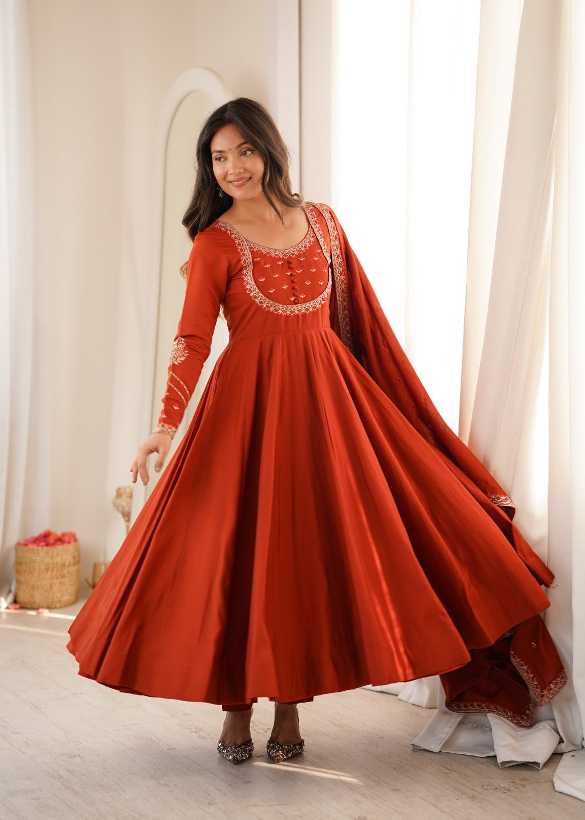 Rust Orange Roman Chanderi Silk Anarkali Gown Set – KB-312