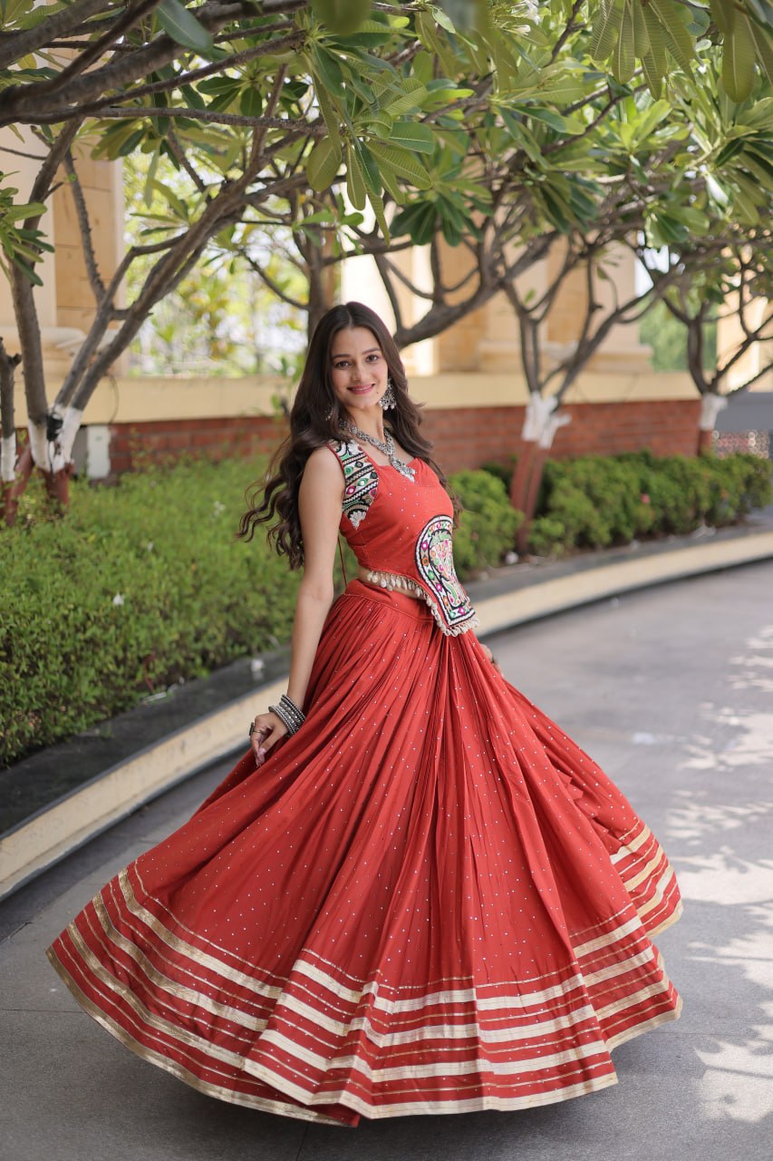Navratri Lehenga Choli 2026 | Full-Stitched  and Rayon with Mukesh & Gamthi Mirror Work | LW-7183