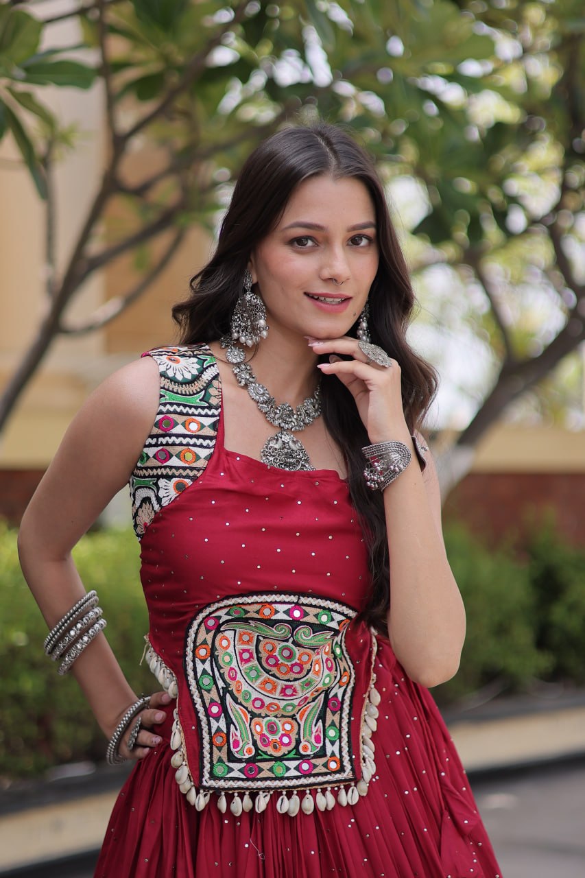 Navratri Lehenga Choli 2026 | Full-Stitched  and Rayon with Mukesh & Gamthi Mirror Work | LW-7183